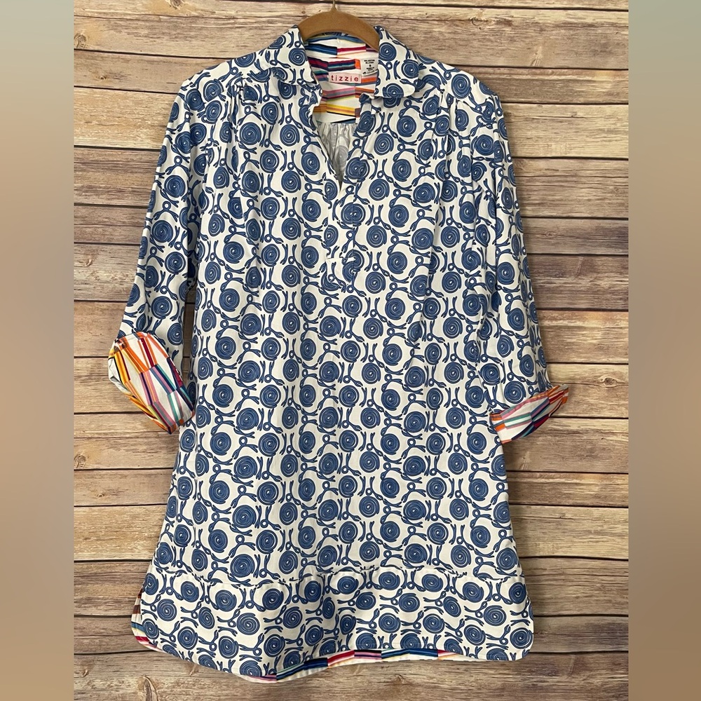 Tizzie Size Small Blue White Tunic Sheath Shirt Dress